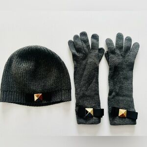 Kate Spade Beanie and Mittens Set - Gray with Ribbon Detail